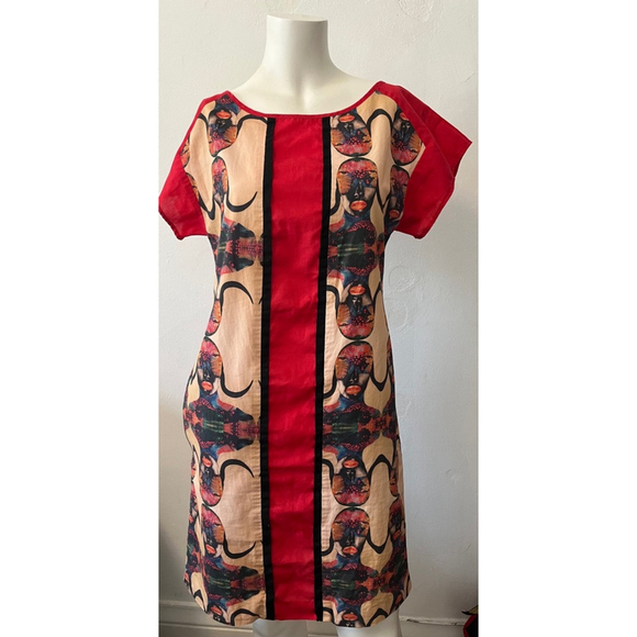 Born Free Africa Alberta ferretti scoop neck tribal tunic Dress XS/2 Red Black - Picture 1 of 5